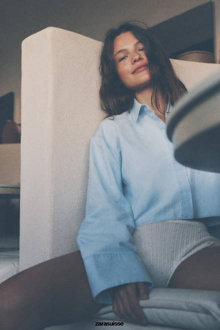 Zara vêtements P66V456 femmes chemise courte à dos croisé bleu clair