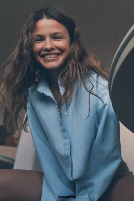 Zara vêtements P66V456 femmes chemise courte à dos croisé bleu clair