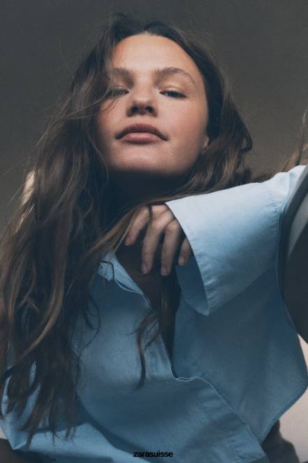 Zara vêtements P66V456 femmes chemise courte à dos croisé bleu clair