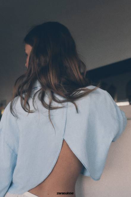 Zara vêtements P66V456 femmes chemise courte à dos croisé bleu clair