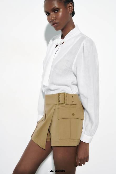 Zara vêtements P66V457 femmes Chemise à nœud 100% lin blanc