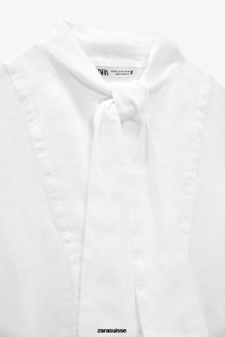 Zara vêtements P66V457 femmes Chemise à nœud 100% lin blanc