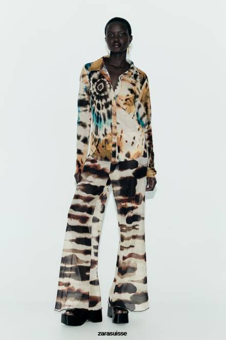 Zara vêtements P66V458 femmes chemise en tulle à imprimé tie-dye des oranges