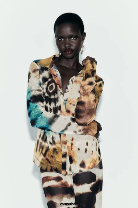 Zara vêtements P66V458 femmes chemise en tulle à imprimé tie-dye des oranges