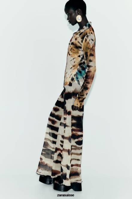 Zara vêtements P66V458 femmes chemise en tulle à imprimé tie-dye des oranges