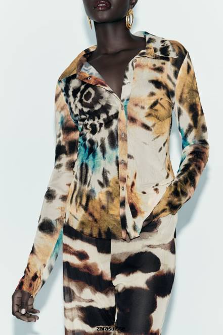 Zara vêtements P66V458 femmes chemise en tulle à imprimé tie-dye des oranges