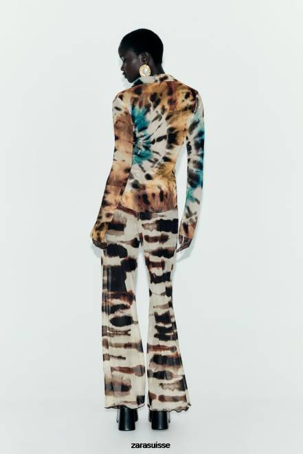 Zara vêtements P66V458 femmes chemise en tulle à imprimé tie-dye des oranges