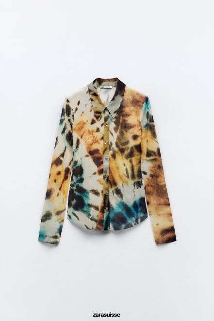 Zara vêtements P66V458 femmes chemise en tulle à imprimé tie-dye des oranges