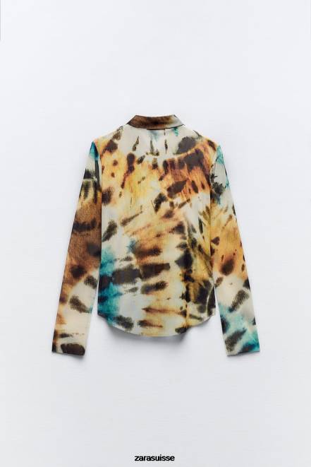 Zara vêtements P66V458 femmes chemise en tulle à imprimé tie-dye des oranges