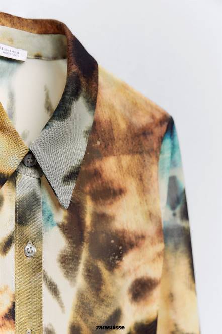 Zara vêtements P66V458 femmes chemise en tulle à imprimé tie-dye des oranges