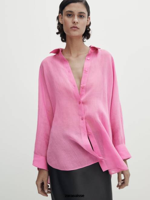 Zara vêtements P66V845 femmes Chemise manches chauve-souris 100% ramie original