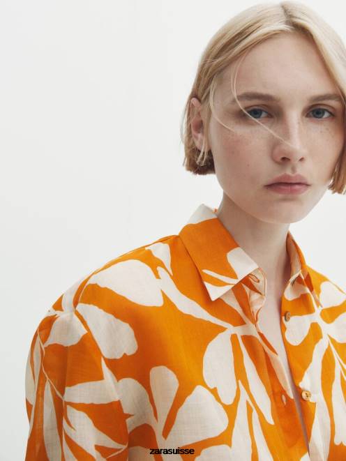 Zara vêtements P66V864 femmes chemise en ramie à imprimé graphique floral des oranges