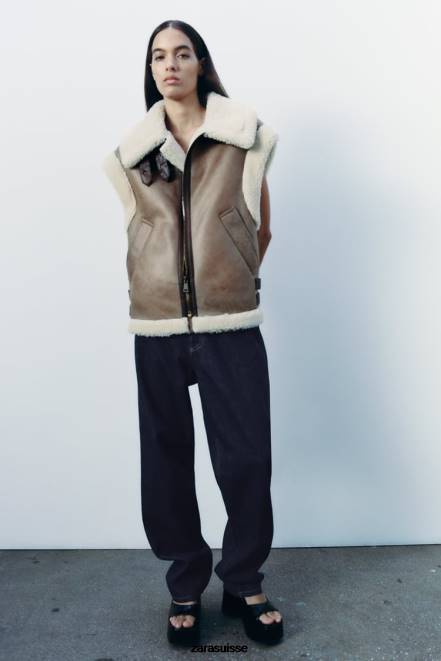 Zara vêtements P66V190 femmes gilet double face collection zw marron/taupe