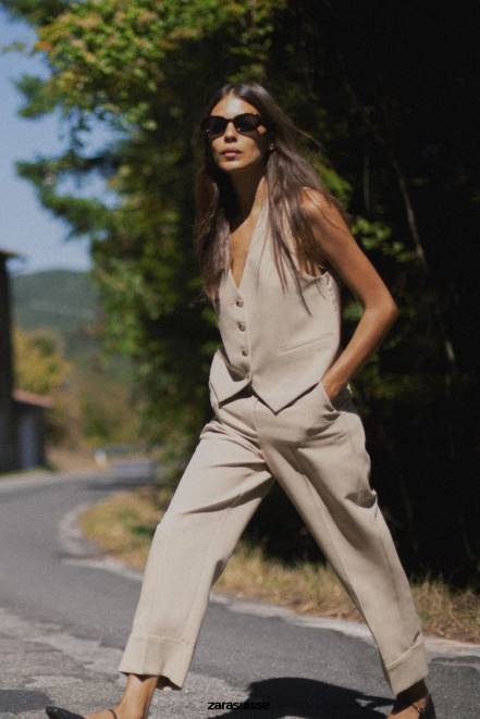 Zara vêtements P66V191 femmes gilet à fines rayures marron taupe