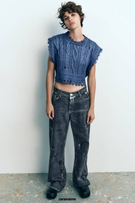 Zara vêtements P66V197 femmes gilet métallique en tricot torsadé indigo