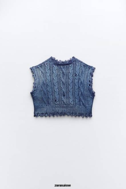 Zara vêtements P66V197 femmes gilet métallique en tricot torsadé indigo