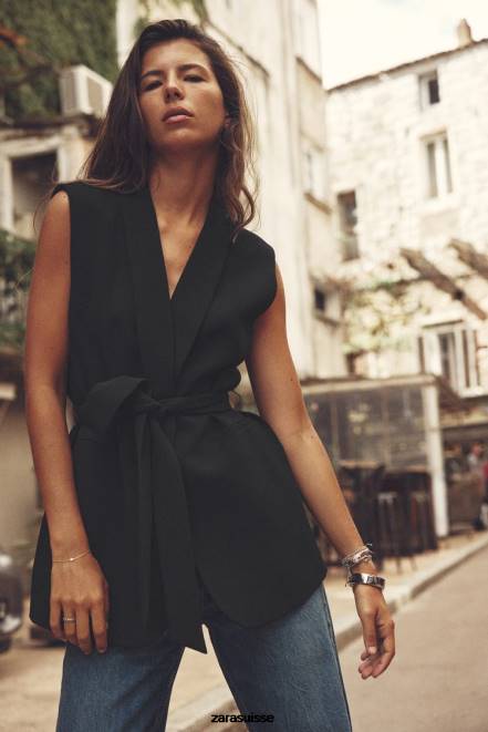 Zara vêtements P66V198 femmes gilet de smoking ceinturé noir