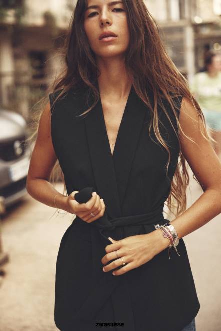 Zara vêtements P66V198 femmes gilet de smoking ceinturé noir