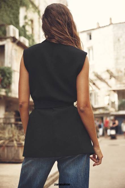 Zara vêtements P66V198 femmes gilet de smoking ceinturé noir