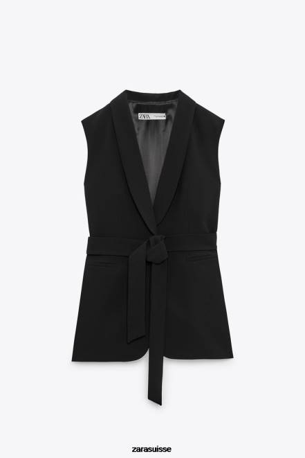 Zara vêtements P66V198 femmes gilet de smoking ceinturé noir