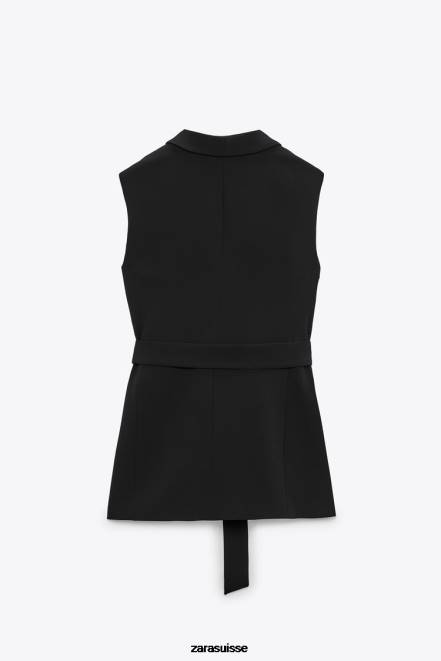 Zara vêtements P66V198 femmes gilet de smoking ceinturé noir