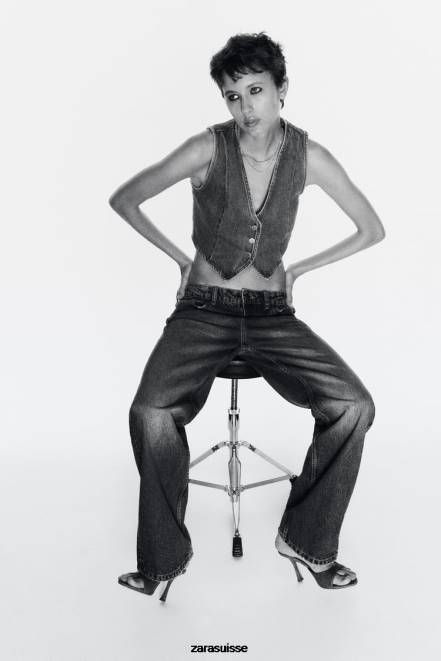 Zara vêtements P66V204 femmes gilet court en jean z1975 bleu moyen