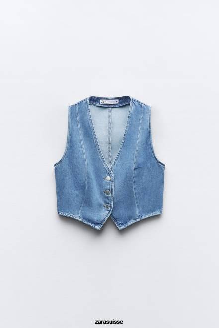 Zara vêtements P66V204 femmes gilet court en jean z1975 bleu moyen
