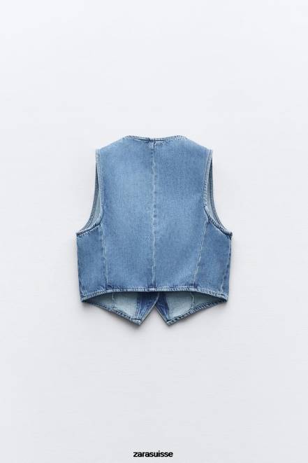 Zara vêtements P66V204 femmes gilet court en jean z1975 bleu moyen