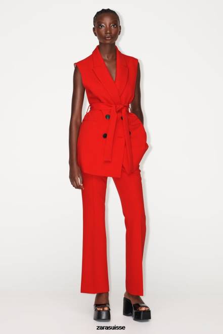 Zara vêtements P66V209 femmes gilet croisé long à ceinture rouge