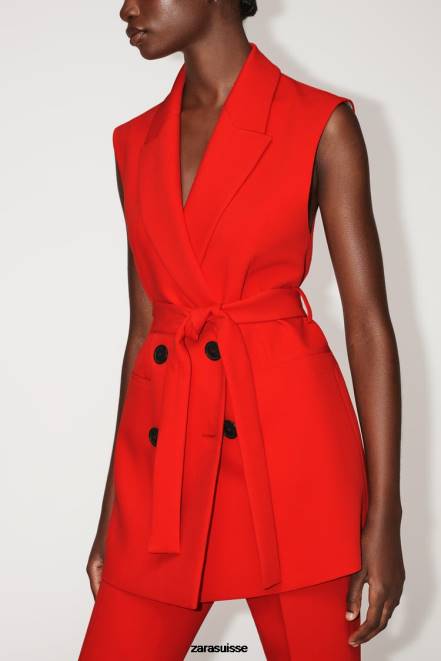 Zara vêtements P66V209 femmes gilet croisé long à ceinture rouge