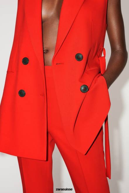 Zara vêtements P66V209 femmes gilet croisé long à ceinture rouge
