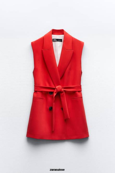 Zara vêtements P66V209 femmes gilet croisé long à ceinture rouge