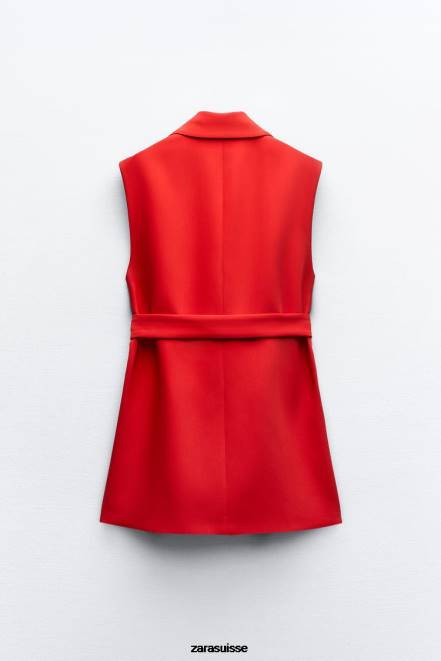 Zara vêtements P66V209 femmes gilet croisé long à ceinture rouge