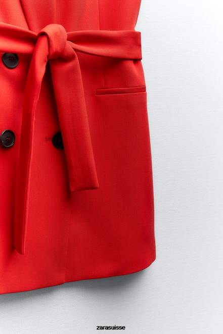 Zara vêtements P66V209 femmes gilet croisé long à ceinture rouge