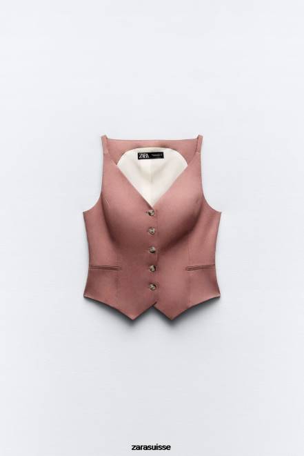 Zara vêtements P66V211 femmes gilet ajusté en lin mélangé Marsala
