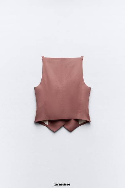 Zara vêtements P66V211 femmes gilet ajusté en lin mélangé Marsala
