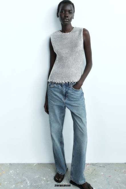 Zara vêtements P66V213 femmes gilet en tricot métallisé argent