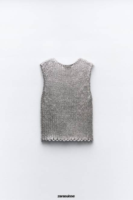Zara vêtements P66V213 femmes gilet en tricot métallisé argent