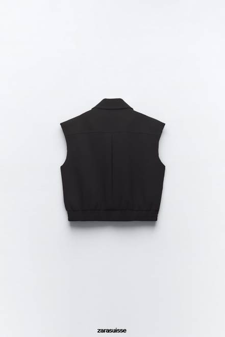 Zara vêtements P66V215 femmes gilet col chemise avec poches noir
