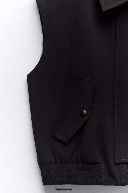 Zara vêtements P66V215 femmes gilet col chemise avec poches noir