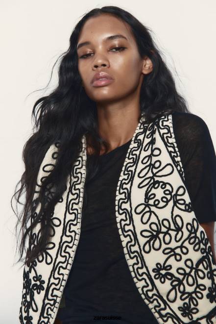 Zara vêtements P66V222 femmes gilet matelassé brodé écru