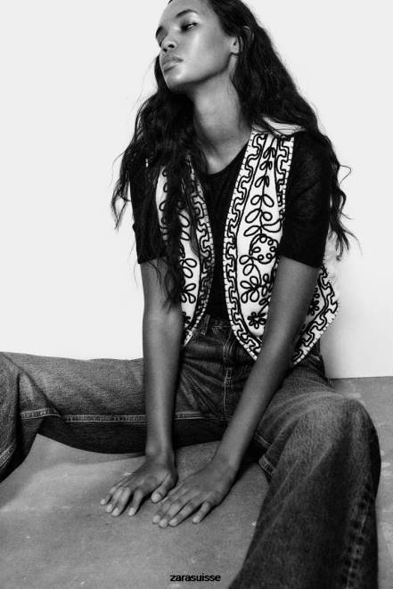 Zara vêtements P66V222 femmes gilet matelassé brodé écru