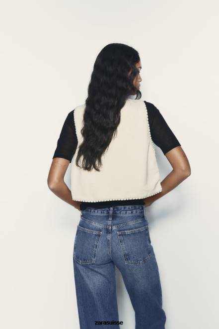 Zara vêtements P66V222 femmes gilet matelassé brodé écru