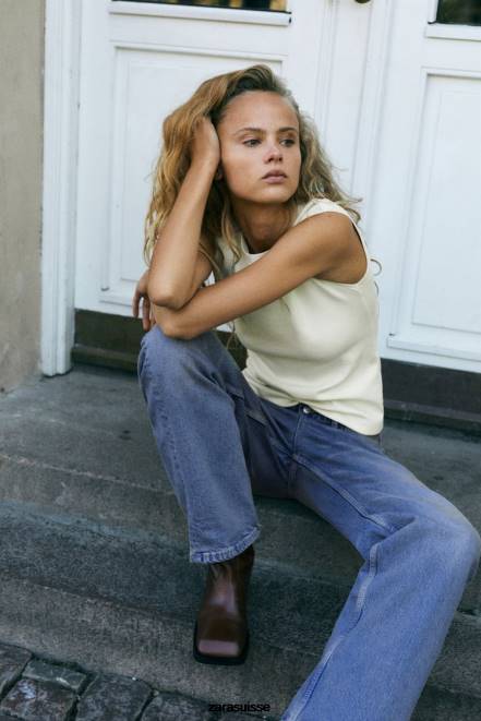 Zara vêtements P66V251 femmes haut côtelé ajusté écru