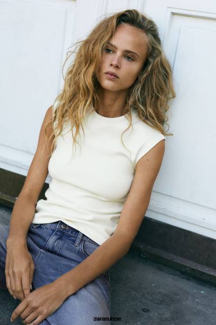 Zara vêtements P66V251 femmes haut côtelé ajusté écru