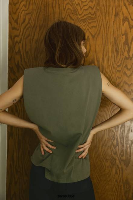 Zara vêtements P66V253 femmes haut à épaulettes kaki