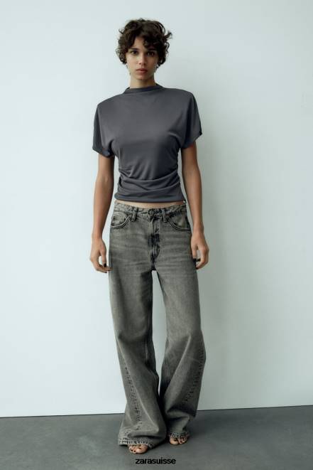 Zara vêtements P66V258 femmes haut froncé sur le côté gris anthracite