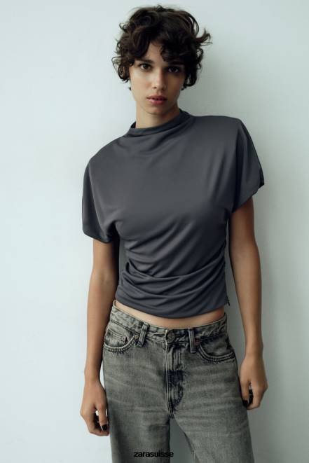 Zara vêtements P66V258 femmes haut froncé sur le côté gris anthracite