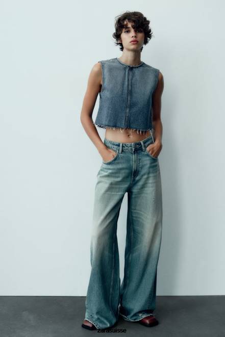 Zara vêtements P66V259 femmes top court en jean trf bleu