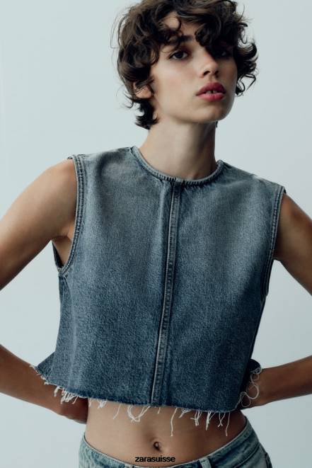 Zara vêtements P66V259 femmes top court en jean trf bleu